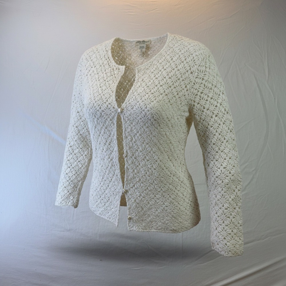 Eddie Bauer Womens M Tall Crochet Cardigan Cream Linen Cotton Open Knit